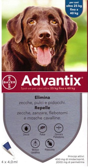 Advantix spot on 4 pipette 0,4 ml cani fino a 4 kg a € 26,40 su Farmacia  Pasquino